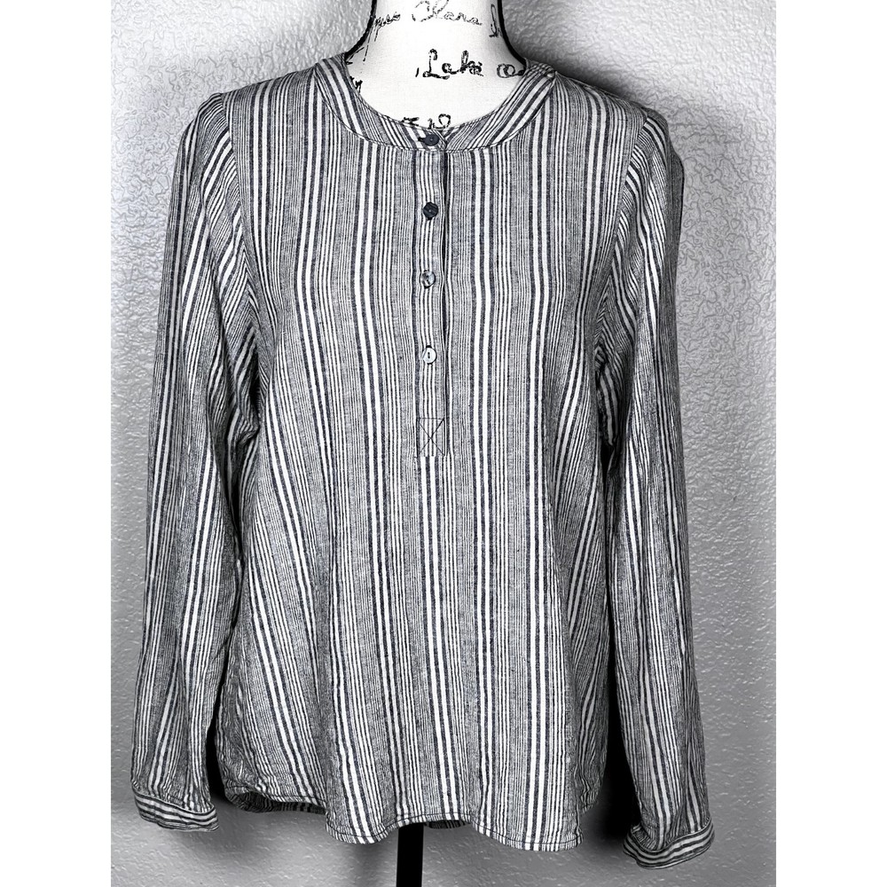 B.L.E.U. Women's Sz M Linen Blend Peasant Boho Relaxed Lagenlook Blouse Grey